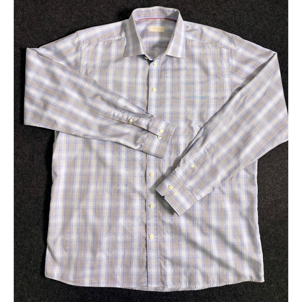 Eton Contemporary Fit Blue Grey Plaid Cotton Dress Shirt 17.5 45